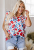 Red Flowers Pintuck Detail V-Neck Ruffled Sleeve Top