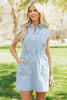 Sky Blue Stripe Collared Button Front Sleeveless Denim Mini Dress