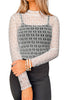 Beige Sheer Mesh Patterned Lettuce Trim Slim Long Sleeve Top
