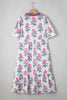 White Allover Print Contrast Split Neckline Short Puff Sleeve Curvy Dress