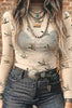 Beige High Neck Western Print Mesh Sheer Long Sleeve Top