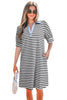 Black Stripe Contrast V Neck Collared Puff Sleeve T Shirt Mini Dress with Pockets