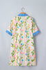 Multicolour Floral Print Striped Trim Button Down Shift Dress