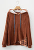 Chestnut Plaid Patchwork Ribbed Knit Drawstring Hooded Top