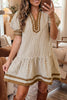 Brown Stripe Shirt Collar Color Block Patchwork Trim Ruffle Hem Short Dress