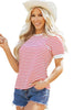 Red Stripe Contrast Trim Round Neck Short Puff Sleeve T Shirt