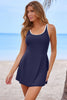 Navy Blue Contrast Edge Ruffled High Waist One Piece Swim Dress