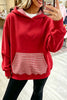 Racing Red Plaid Patchwork Front Pocket Casual Hoodie