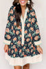 Blue Floral Print Striped Trim V Neck Long Sleeve Ruffle Hem Shift Mini Dress