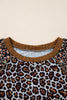 Brown Leopard Floral Print Ribbed Puff Sleeve Patchwork Loose Pullover
