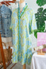 Sky Blue Botanical Floral Print Frilled Trim V Neck Button Front Loose Dress