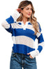 Blue Stripe Colorblock Polo Collar Eyelet Crochet Knitted Sweater
