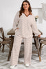 Khaki Stripe Plus Size Collared V Neck Loose Pullover Drawstring Elastic Waist Wide Leg Pant Set