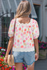 Pink Polka Dot Lace Trim Square Neck Puff Sleeve Blouse