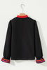 Black Striped Trim Ruffle Split Neck Long Sleeve Blouse