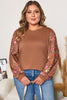 Brown Floral Sleeve Patchwork Round Neck Plus Blouse