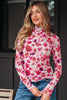 Red Floral Print Long Sleeve Slim Fit Mesh Top