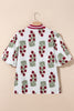White Plus Size Floral Print Ricrac Striped Trim Short Sleeve Cotton Blouse