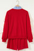 Racing Red Striped Collar Patchwork Satin Bow Sweatshirt and Shorts Set