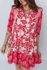 Red Collared V Neck Half Sleeve Loose Flower Mini Dress