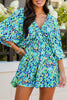 Green Abstract Print Puff Sleeve V Neck High Waist Romper