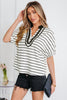 White Stripe Stand Collar V Neck Elastic Cuffs Half Sleeve Dolman Top