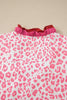 Pink Stripe Ruffled Trim V Neck Leopard Print Short Sleeve Blouse