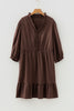 Coffee Plus Size Frilled Trim V Neck Puff Sleeve Textured Mini Dress