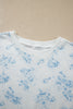 Sky Blue Floral Print Striped Detail Long Sleeve Top Ruffle Hem Shorts 2pcs Set