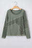 Sage Green Solid Color Waffle Ribbed Lace Patchwork Long Sleeve Top
