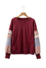 Red Sandalwood Plaid Colorblock Patchwork Sleeve Raw Seam Sweatshirt