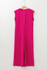 Bright Pink Terry Textured Sleeveless Button Front Wide Leg Jumpsuit