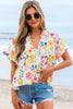 Yellow Floral Boxy Fit Ruffled Short Sleeve V Neck Blouse