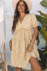 Yellow Floral Short Sleeve V Neck Frilly Tiered Mini Dress