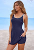 Navy Blue Contrast Edge Ruffled High Waist One Piece Swim Dress