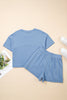 Sky Blue Solid Color Contrast Textured Patchwork Raw Edge 2pcs Short Set