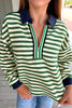 Dark Green Striped Print Contrast Collar Zip V Neck Long Sleeve Top