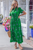 Green Floral Print Split Neck Shirred High Waist Ruffle Hem Maxi Dress