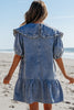 Dusk Blue Ruffled Collared Side Pockets Puff Sleeve Denim Mini Dress