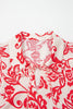 Red Collared V Neck Half Sleeve Loose Flower Mini Dress