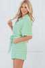 Green Stripe Textured Short Sleeve Collared Buttoned Waist Tie Romper