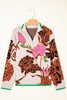 Khaki Floral Pattern Knit Quarter Zip Stand Neck Sweater