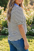 Blue Stripe Short Puff Sleeve Color Block Polo Collar Blouse