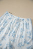 Sky Blue Floral Print Striped Detail Long Sleeve Top Ruffle Hem Shorts 2pcs Set
