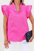 Bright Pink Contrast Scallop Trim Layered Short Sleeve V Neck Blouse
