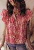 Rose Allover Printed Half Button Neck Ruffle Sleeve Blouse