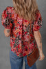 Red Ethnic Print Split Neck Short Puff Sleeve Blouse