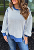 Dark Blue Waffle Knit Exposed Stitching Casual Top with Side Slits