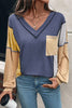 Sail Blue Exposed Stitching Colorblock V Neck Long Sleeve Top