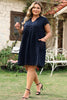 Navy Blue Dotty Textured Notched Neck Plus Ruffled Dress